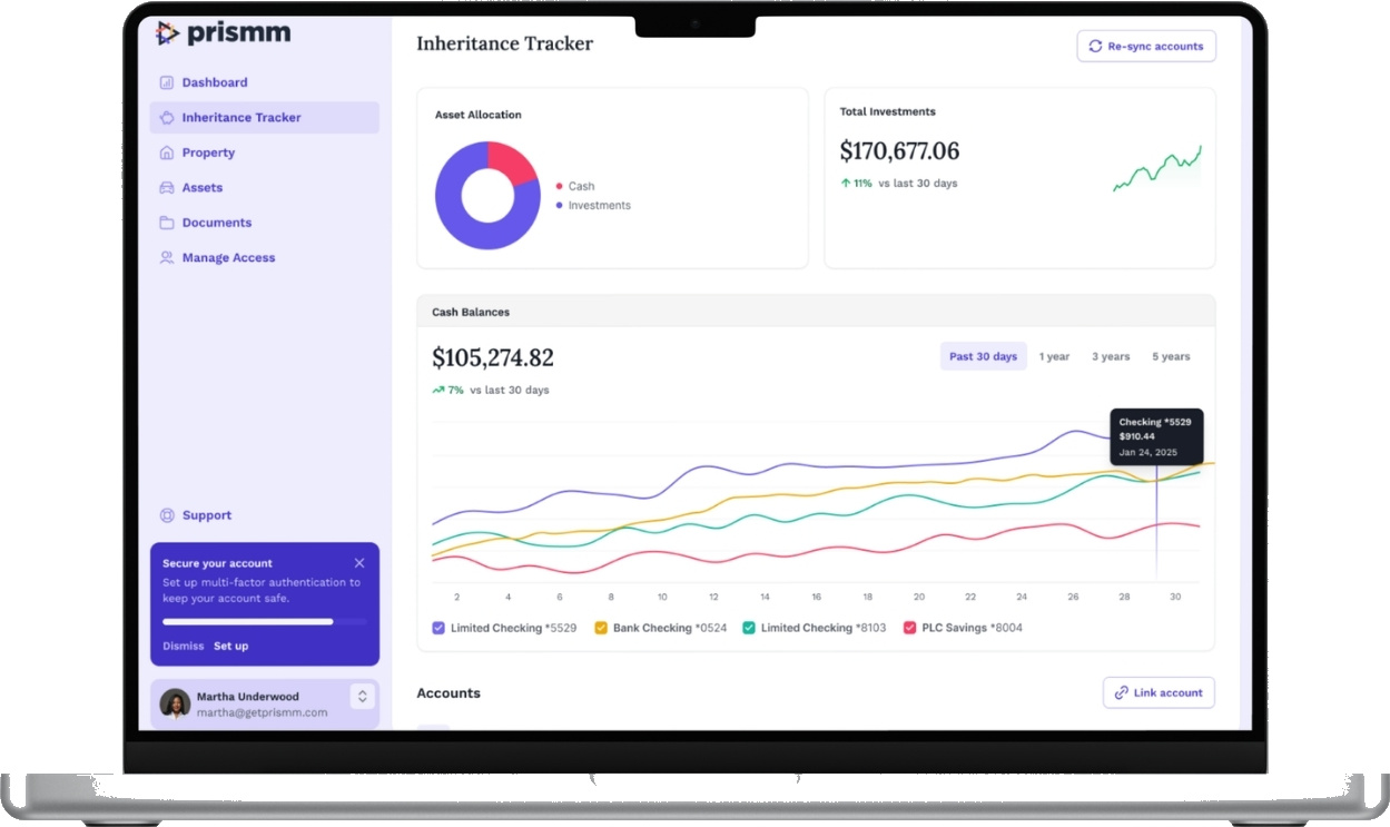 Prismm Anchor platform dashboard showing inheritance tracker, asset allocation, and cash balances